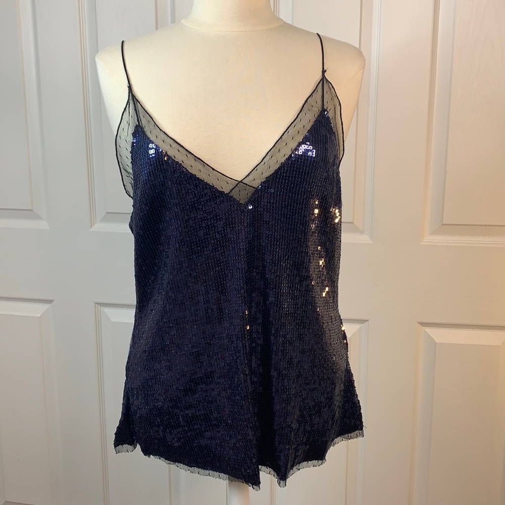 Free People Navy Sequin Lace-Trim Cami Tank